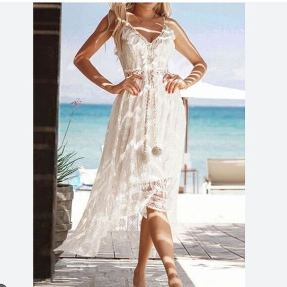 Women's Lace Hollow Out Tassel Trim V Neck Bohemian Maxi Dress XXXL - Picture 5 of 9